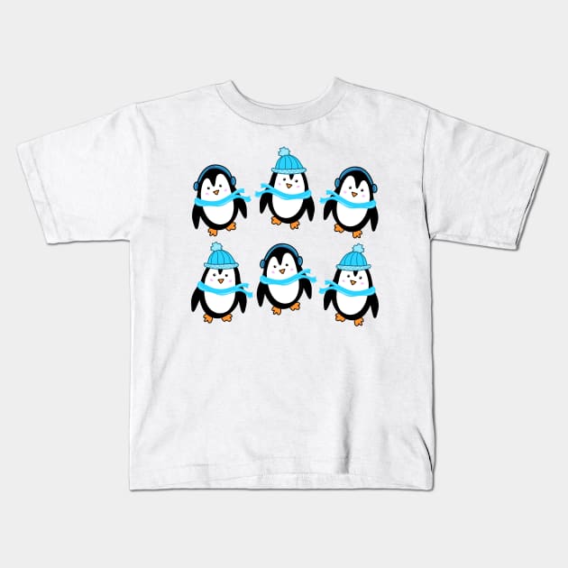 Festive Winter Penguins with Blue Scarves and Hats, made by EndlessEmporium Kids T-Shirt by EndlessEmporium